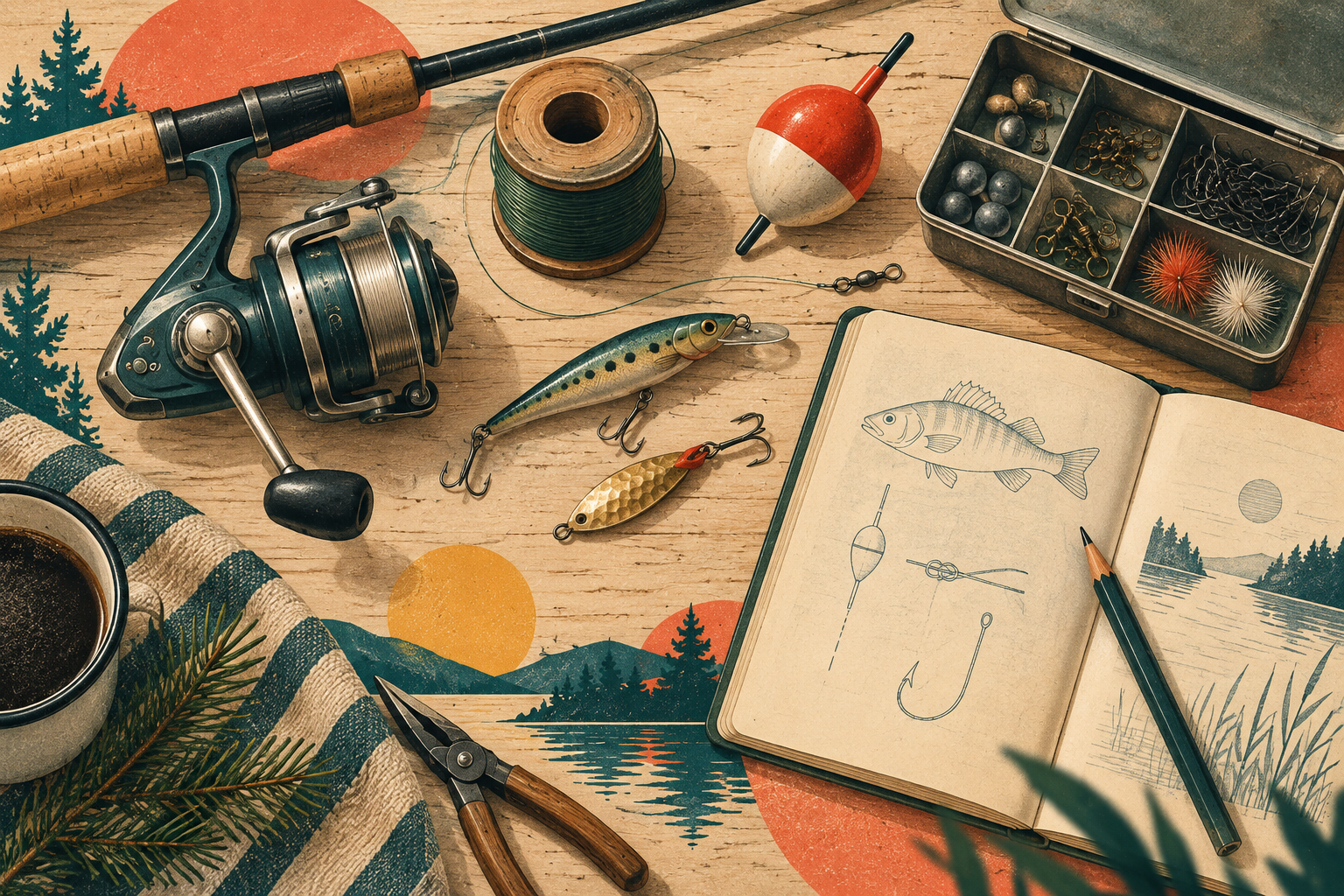Retro-Illustration mit Angelrolle, Pose, Ködern und einem Notizbuch auf einem Arbeitstisch.