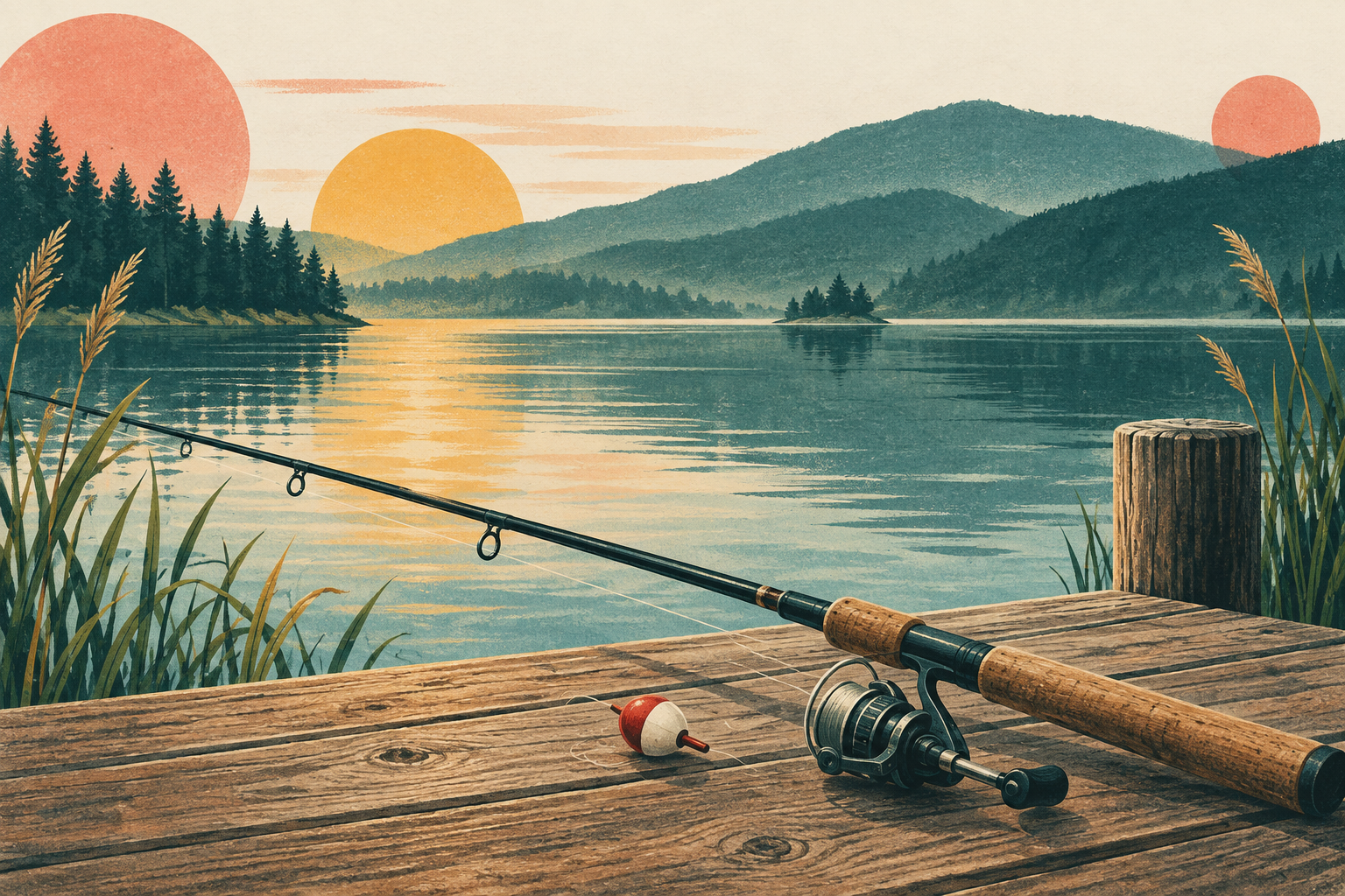 Retro-Illustration einer Angelrute auf einem Holzsteg an einem ruhigen See.