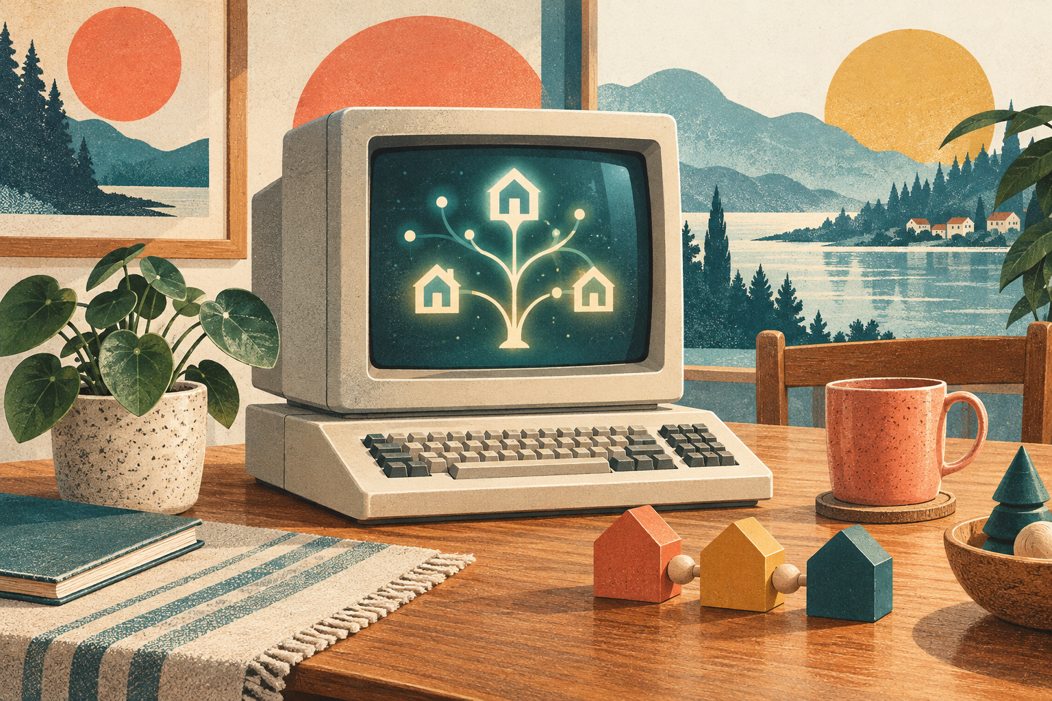 Retro-Illustration eines Heimcomputers mit vernetzten Haussymbolen an einem gemütlichen Familientisch.