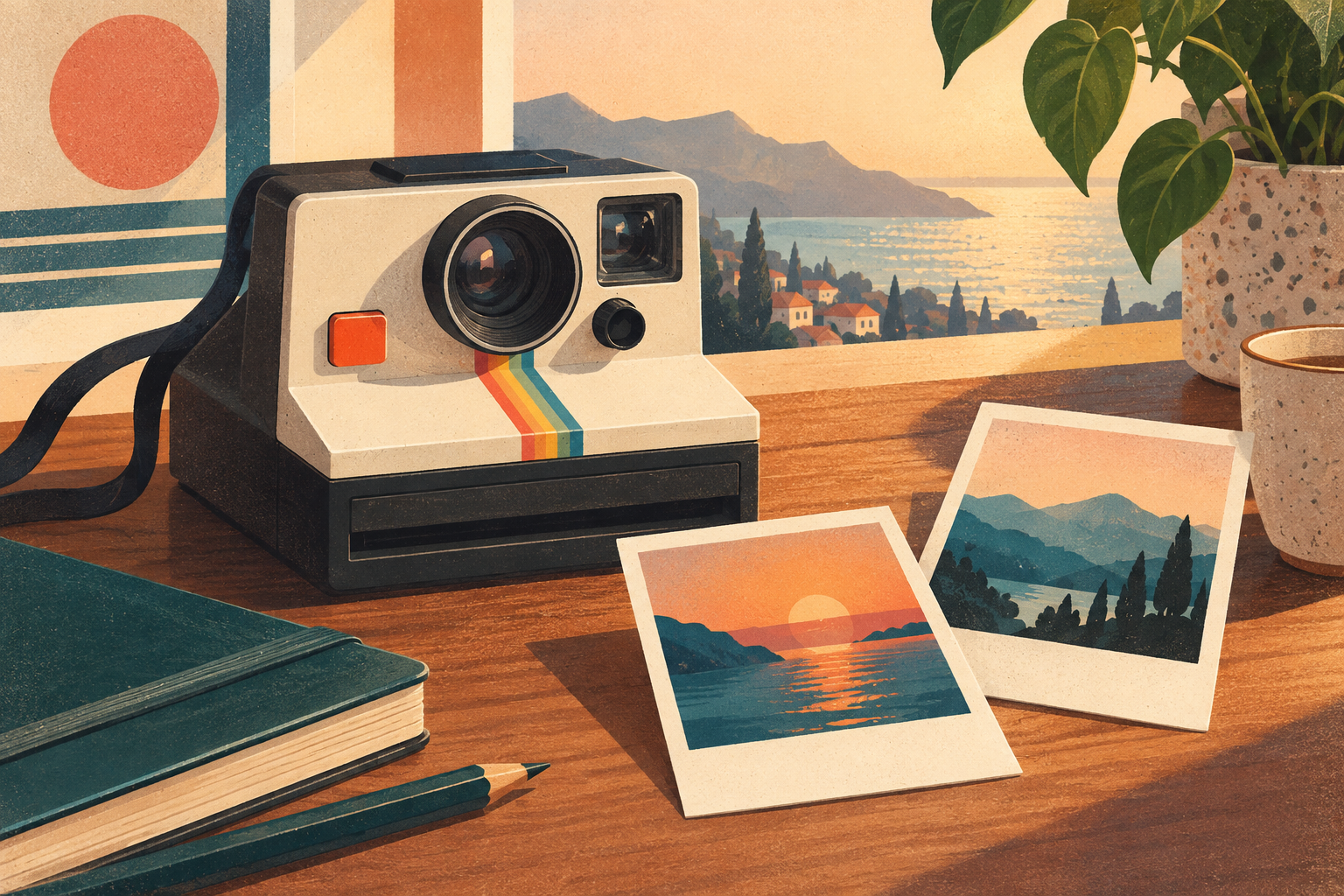 Retro-Illustration einer Sofortbildkamera mit Landschaftsaufnahmen.