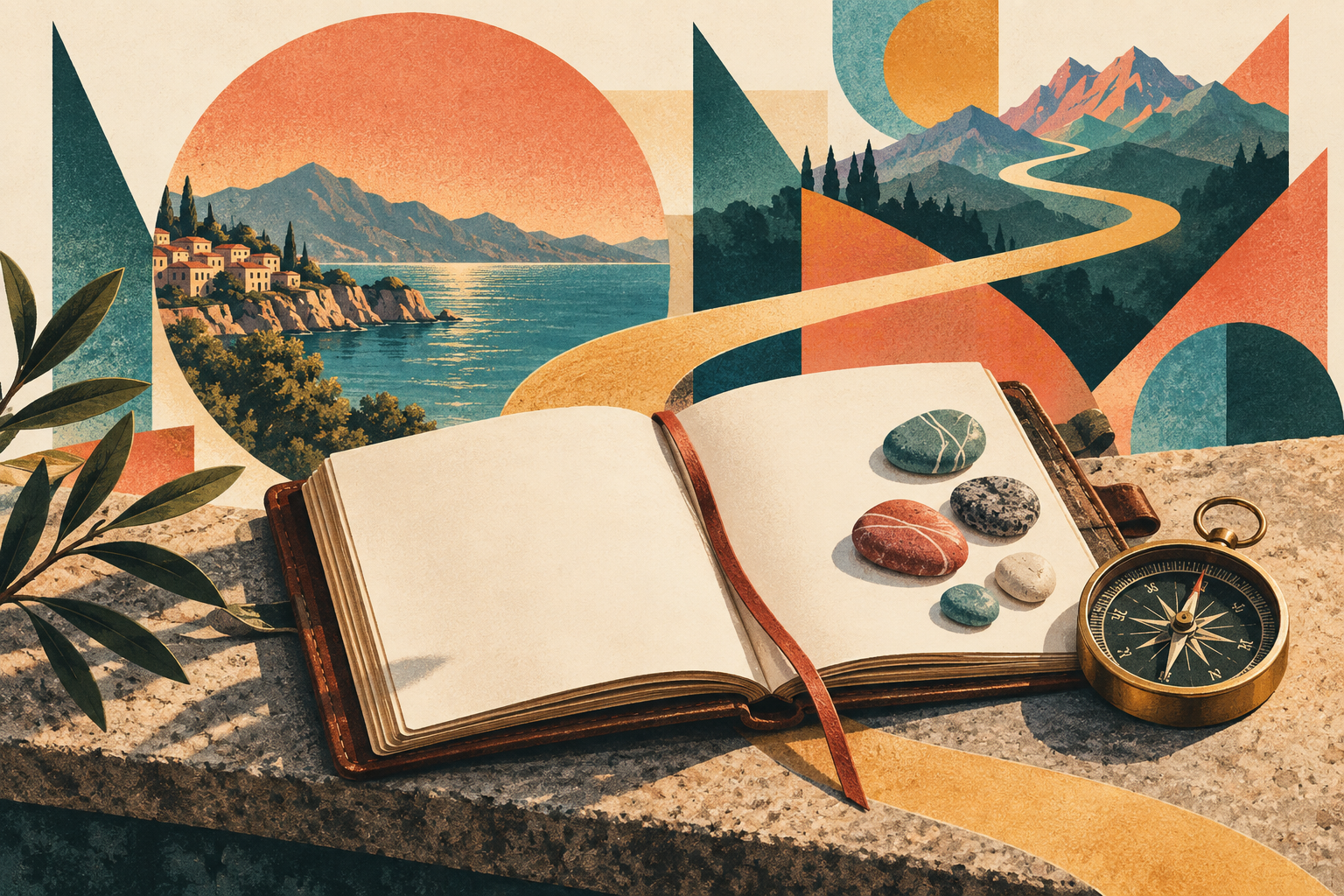 Retro-Illustration mit offenem Reisetagebuch, Kompass und gesammelten Steinen.