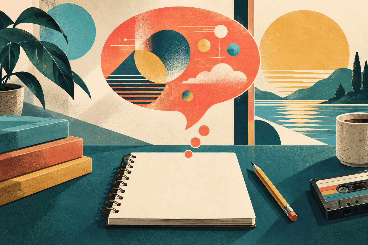 Retro-Illustration mit Gedankenblase, Notizbuch und Bleistift in Petrol, Koralle und warmem Gelb.