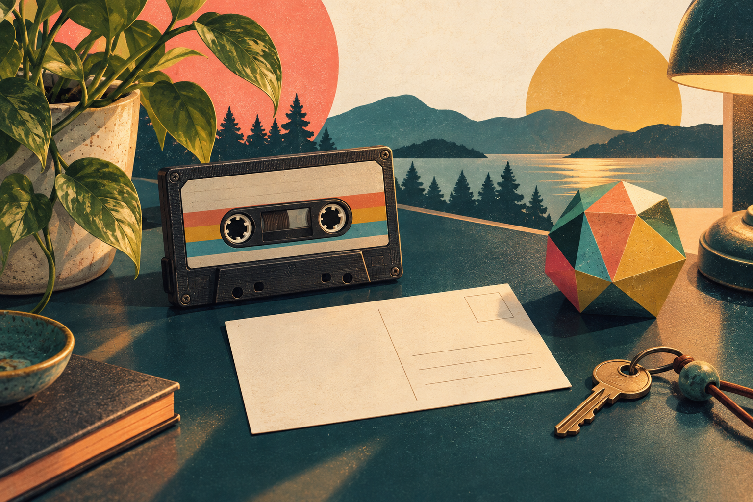 Retro-Illustration mit Kassette, Postkarte, Schlüssel und geometrischen Formen.