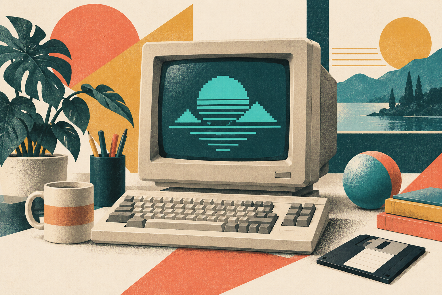 Retro-Illustration eines Heimcomputers aus den 1980ern mit Diskette und türkisfarbenem Pixelmotiv.