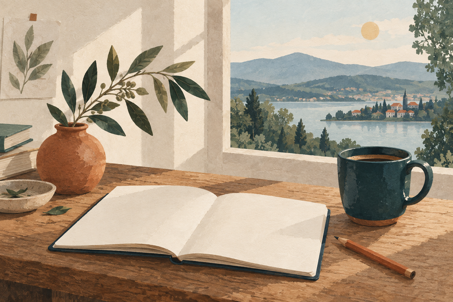 Illustration: ein offenes Notizbuch und eine Tasse am Fenster mit Blick auf eine ruhige Landschaft.